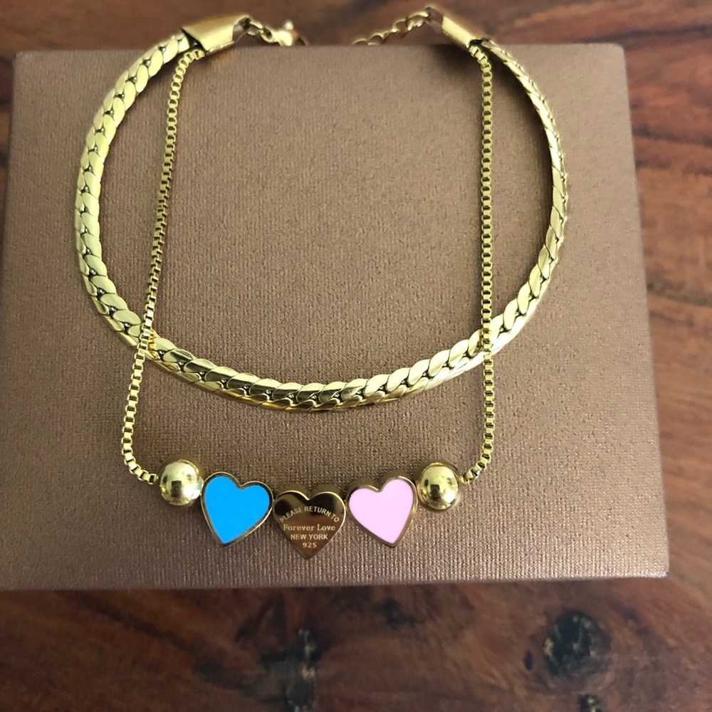 Triple Hearts Bracelet Gold Plated Stainless Steel Double Layer Snake Chain gift